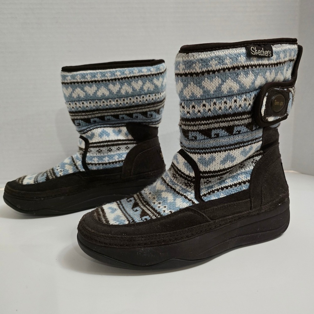 Skechers Tone-ups Cozy Knit Winter Boots Womens Size 7 Blue Fair Isle Heritage - Picture 3 of 9